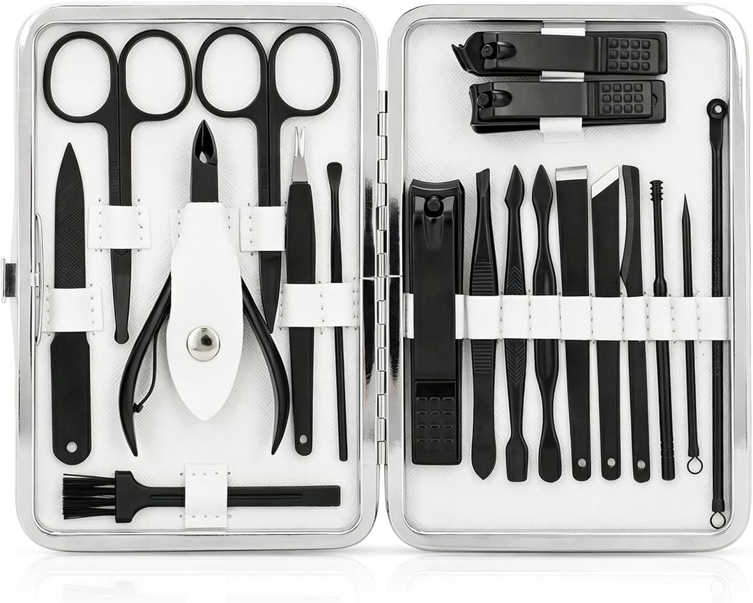 Manicure Set, Jubolion 19pcs Stainless Steel Professional Nail Clippers Pedicure Set with Black Leather Storage Case, Portable Grooming Kit for Travel or Home, Perfect Gifts Women and Men (Black)