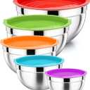 P&P CHEF Mixing Bowls with Airtight Lids Set of 5, 10-Piece Stainless Steel Mixing Nesting Bowl, Metal Bowl with Lid for Kitchen Prepping & Storing, Size 4.6, 3, 1.5, 1, 0.7 QT, Multicolor