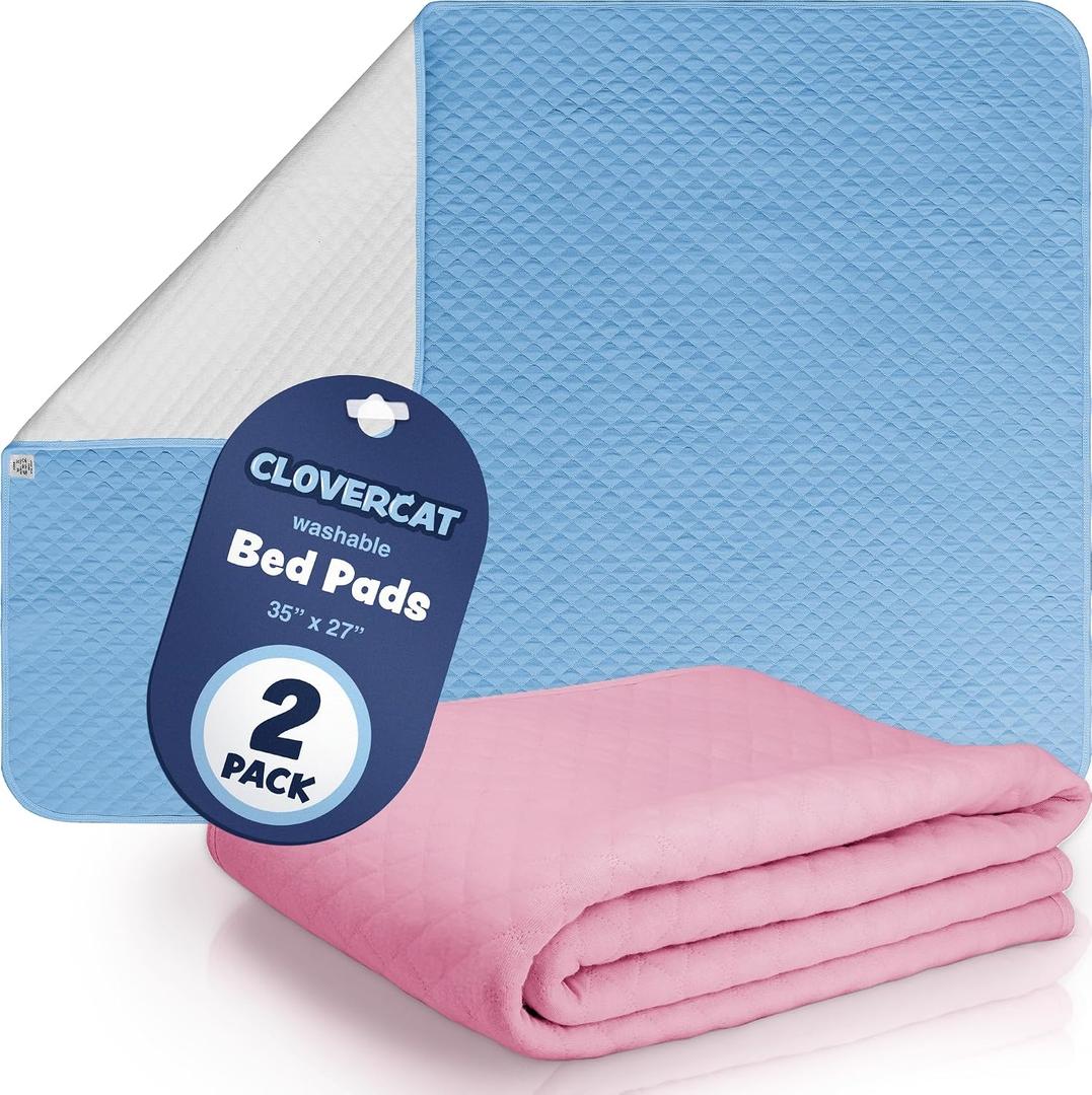 [Upgrade] CLOVERCAT 2 Pack Large Size 35x27 Bed Pads Washable Waterproof Mattress Protector, Reusable Incontinence Pee Pads for Bed Wetting Toddlers, Adults, Elderly, Women or Kids, Children