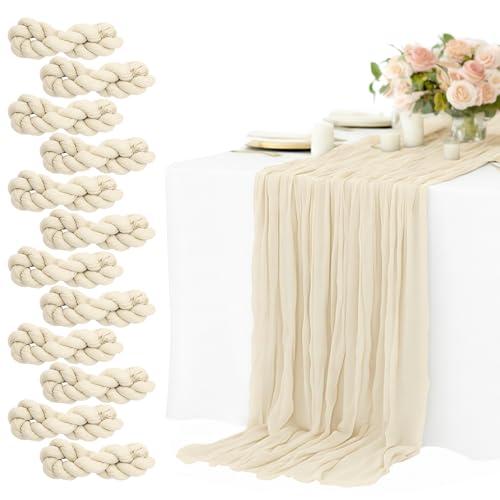 12 Pack Beige Cheesecloth Table Runners 10FT Long – 35 x 120 Inch Boho Gauze Table Runners for Engagement, Wedding, Baby Shower & Home Decor – Soft Wrinkled Polyester Fabric