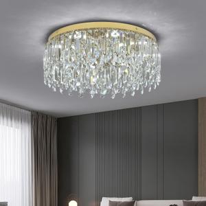 Deckrico 19.7" Gold Crystal Chandelier, Modern Flush Mount Ceiling Light Fixture Luxury Tri-Color LED Lighting for Living Room Dining Room Bedroom