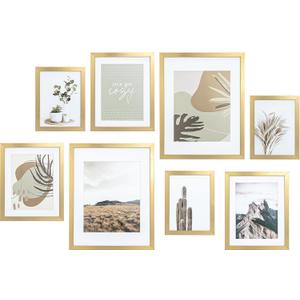 ArtbyHannah Gallery Wall Frame Set,Gold Picture Frames Collage Wall Decor with Neutural Art for Living Room Stariway,8 Pack Assorted Size-11"x14",8"x10",6"x8" (Large)