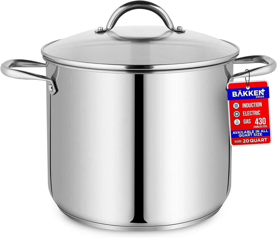 Bakken-Swiss Deluxe 20-Quart Stainless Steel Stockpot w/Tempered Glass See-Through Lid - Simmering Delicious Soups Stews & Induction Cooking - Exceptional Heat Distribution - Heavy-Duty & Food-Grade (20 Quarts)