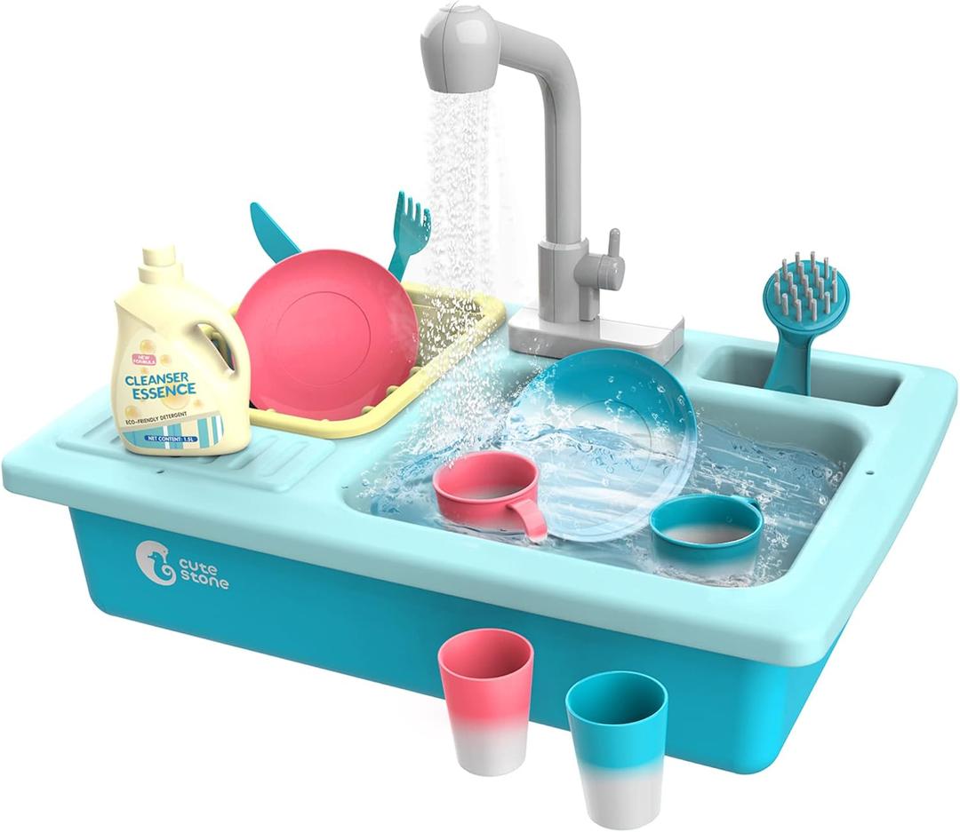 CUTE STONE Color Changing Kitchen Sink Toys, Children Electric Dishwasher Playing Toy with Running Water, Upgraded Faucet, Automatic Water Cycle System Play House Pretend Role Play Toys for Boys Girls, 16 X 11 X 4inches