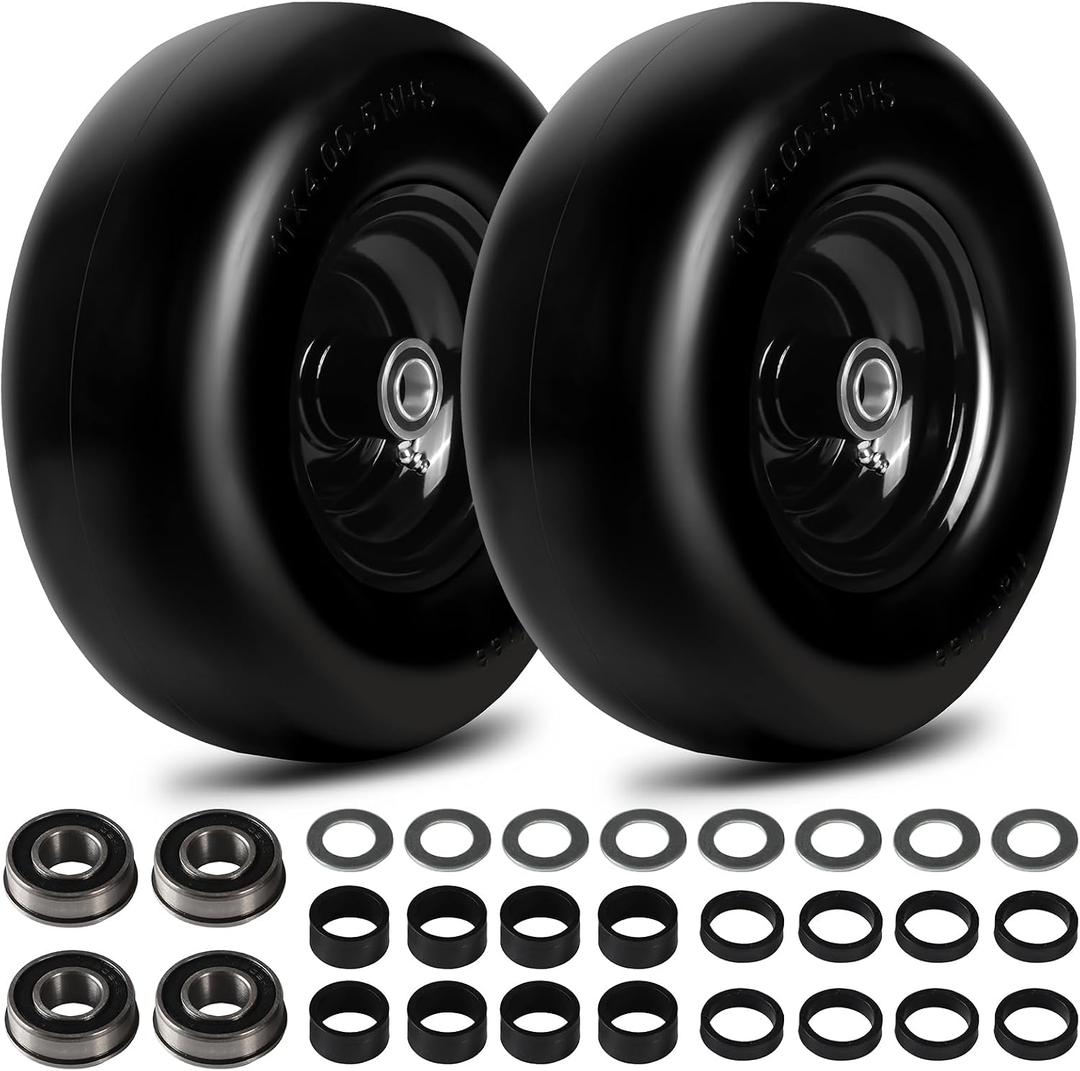 2 x 11x4.00-5 Flat Free Lawn Mower Tire and Wheels 2 Pcs Smooth Tread Puncture-proof Tire for Ride mowers, with 3/4" & 4 Pcs 5/8" Bearing and 24 Spacers for Zero Turn Mowers Garden Tractors Carts