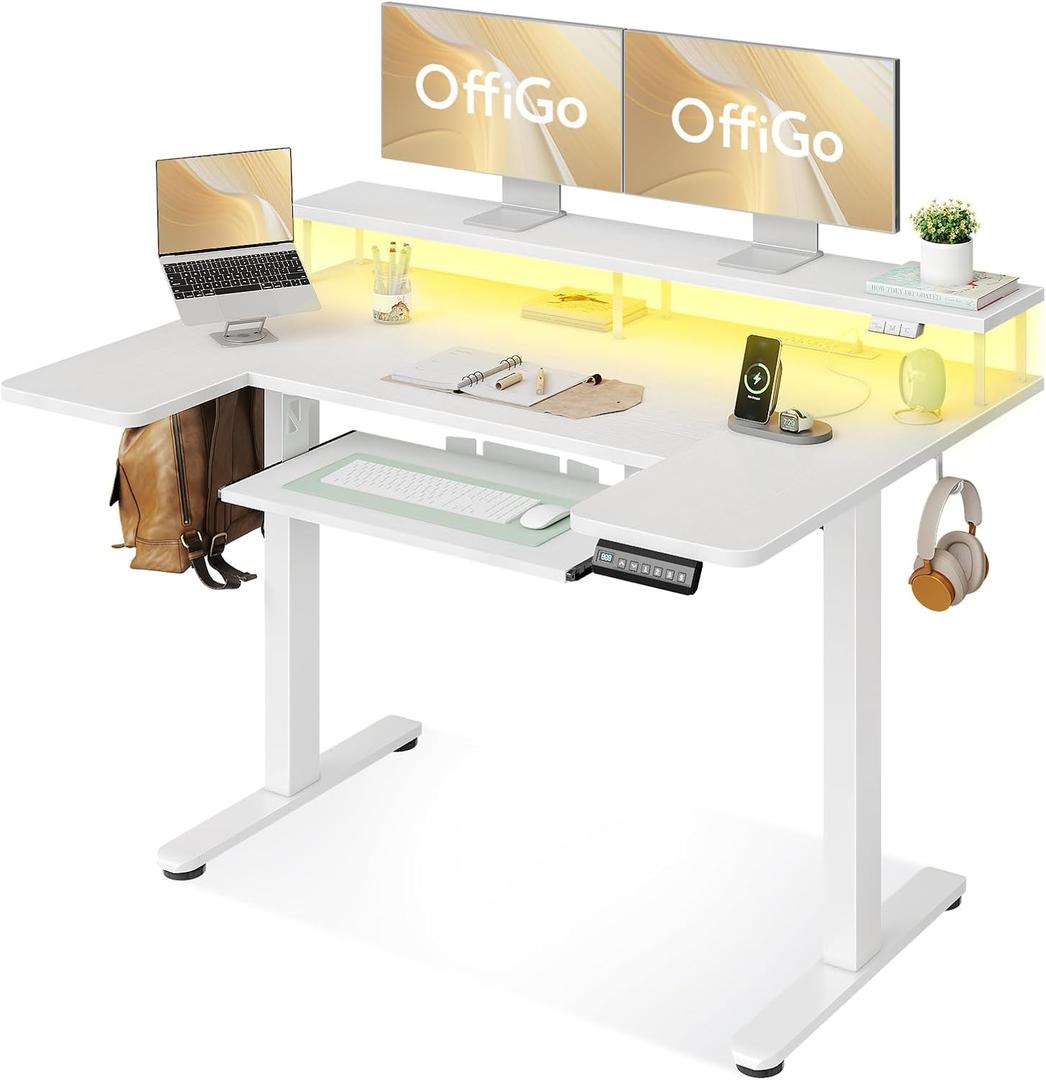 U Shaped Electric Standing Desk with Keyboard Tray, 48 Inch Height Adjustable Desk with Power Outlets & LED Lights, Sit Stand Table with Monitor Stand for Home, Office, White