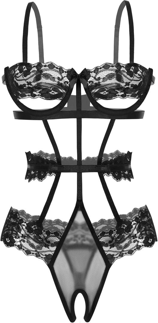 Avidlove Lingerie For Women Lace Bodysuit Strappy Underwired Babydoll Sleepwear One Piece Body Suit (Top M, Bottom L, Black)