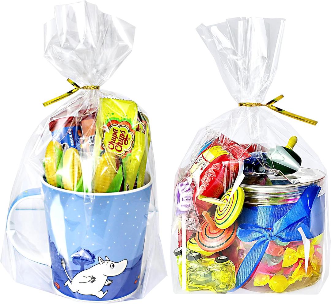 PigPotParty Cellophane Bags 8"x11", 100 Pack Clear Gift Bags, Bottom Gusset for Stand-Up Display, Plastic Cellophane Gift Wrap, Ideal for Mugs, Goodies, Treats, Party Favors, Includes Gold Ties