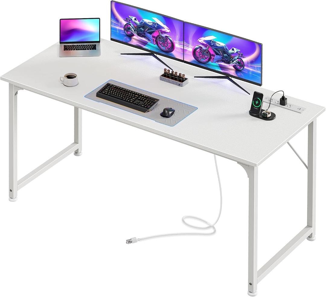 55 X 20 Inch Computer Desk, Power Outlets, USB-C, White