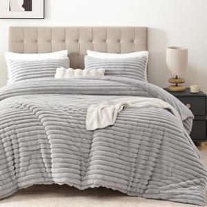 Smoofy Fluffy Queen Comforter Set 3 Pieces - Light Grey Fleece Fluffy Comforter Queen Set, Luxury Fuzzy Queen Bed Set, Soft &Warm Bed Comforter All Season, Heavy Queen Bedding with 2 Pillow Cases
