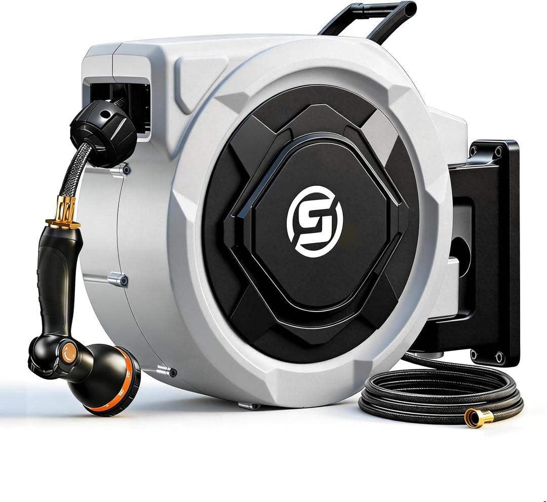 SUNPOW Retractable Garden Hose Reel - 5/8in x 100ft Heavy Duty Wall Mounted Hose Reel with 3/4in Brass Fitting & 10 Function Nozzle - Any Length Lock, Auto Rewind System, 180Swivel Bracket - Gray