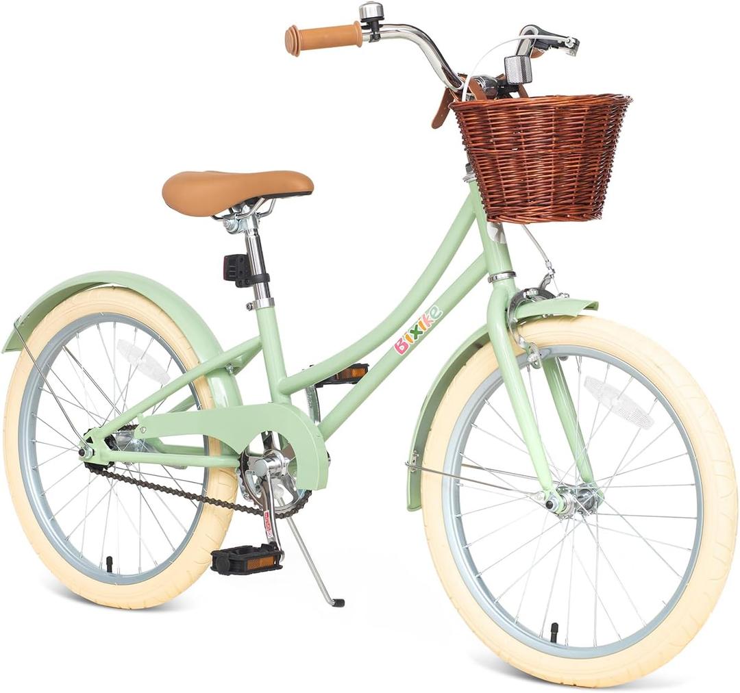 Bixike Retro Design Girls Bike with Basket and Coaster Brake for 3-13 Years Old Kids, 14 16 18 Inch Cruiser Bicycle for Toddlers with Training Wheels, 20 24 26 Inch with Kickstand, Multiple Colors (Green)