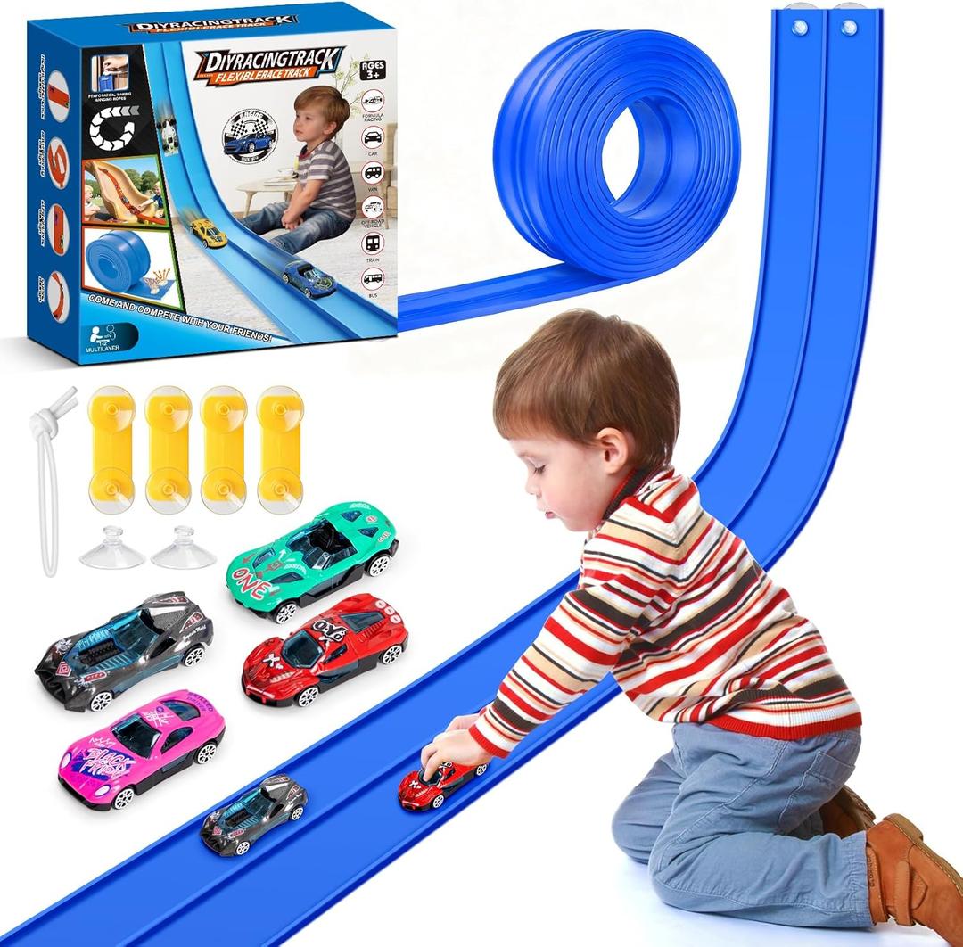 15Ft Flexible Race Car Track for Kids with Suction Cups Compatible with Diecast 1/ 64th Cars for Ages 3 & Up Blue Gray Orange Red Classic Long Rolls Up Portable Racetrack (Blue)