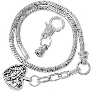 RUBYCA 9 pcs 8.7" Lobster Clasp Heart Pendant Bead Snake Chain European Charm Bracelet Silver Tone