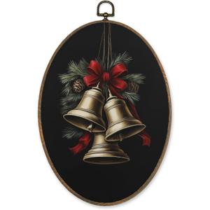 KVEKVE Vintage Ornaments Framed Oval Wall Art,Rustic Winter Snowy Bells Decor,Rustic Scene Hanging Canvas Prints For Birthday Gifts For Women,Housewarming Gifts,Bedroom Living Room,8.6x11.4 Inch