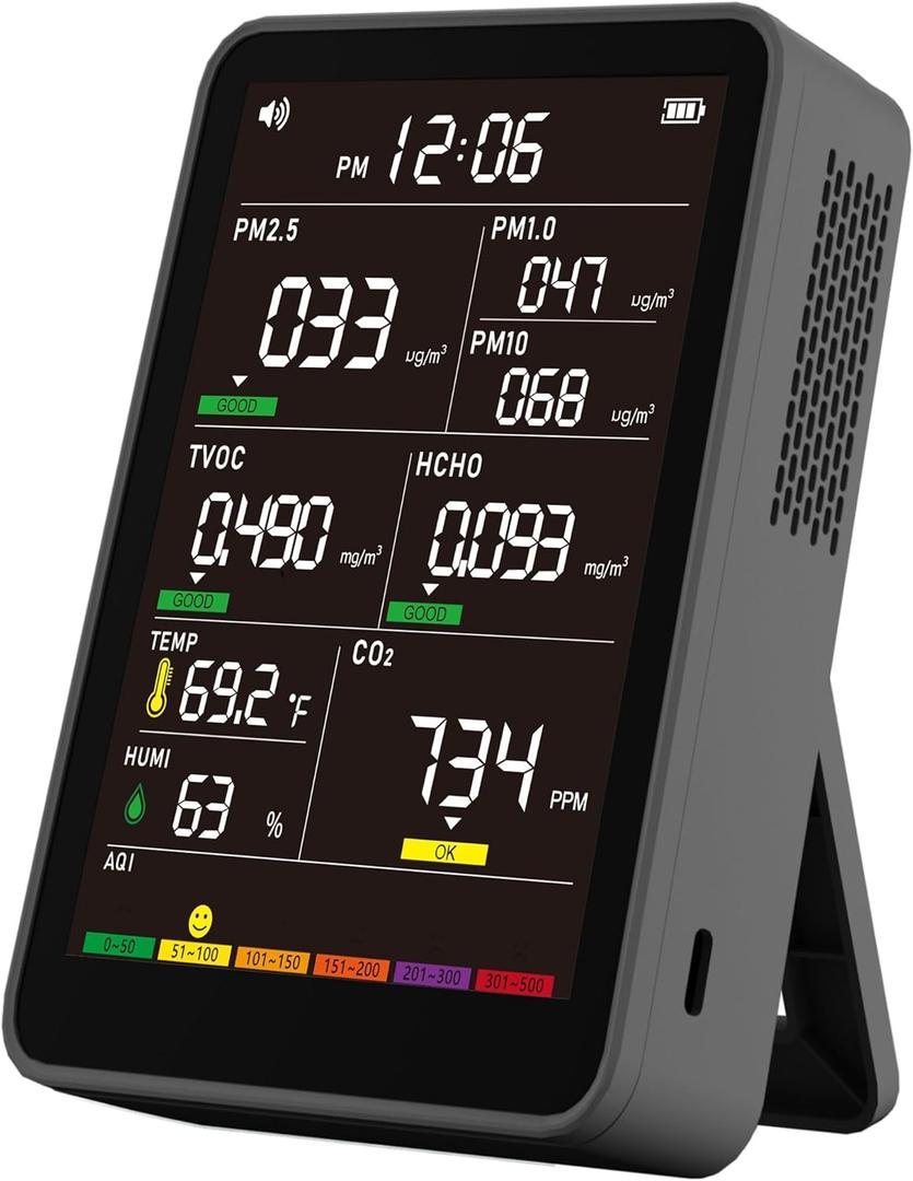 Professional Indoor Air Quality Monitor with AQI Alarms, Portable Real-Time Detector for Home Cars Plants and Pets (Glossy Black)