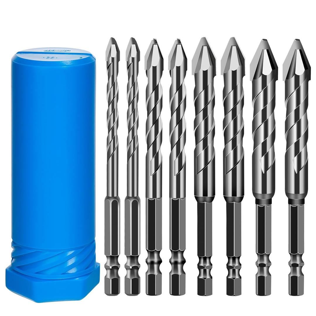8 Pack Masonry Drill Bit Set Twist Drill Bit Concrete Dry Eccentric Drill Bit for Wood, Glass, Metal, Plastic, Hexagonal Handle Universal