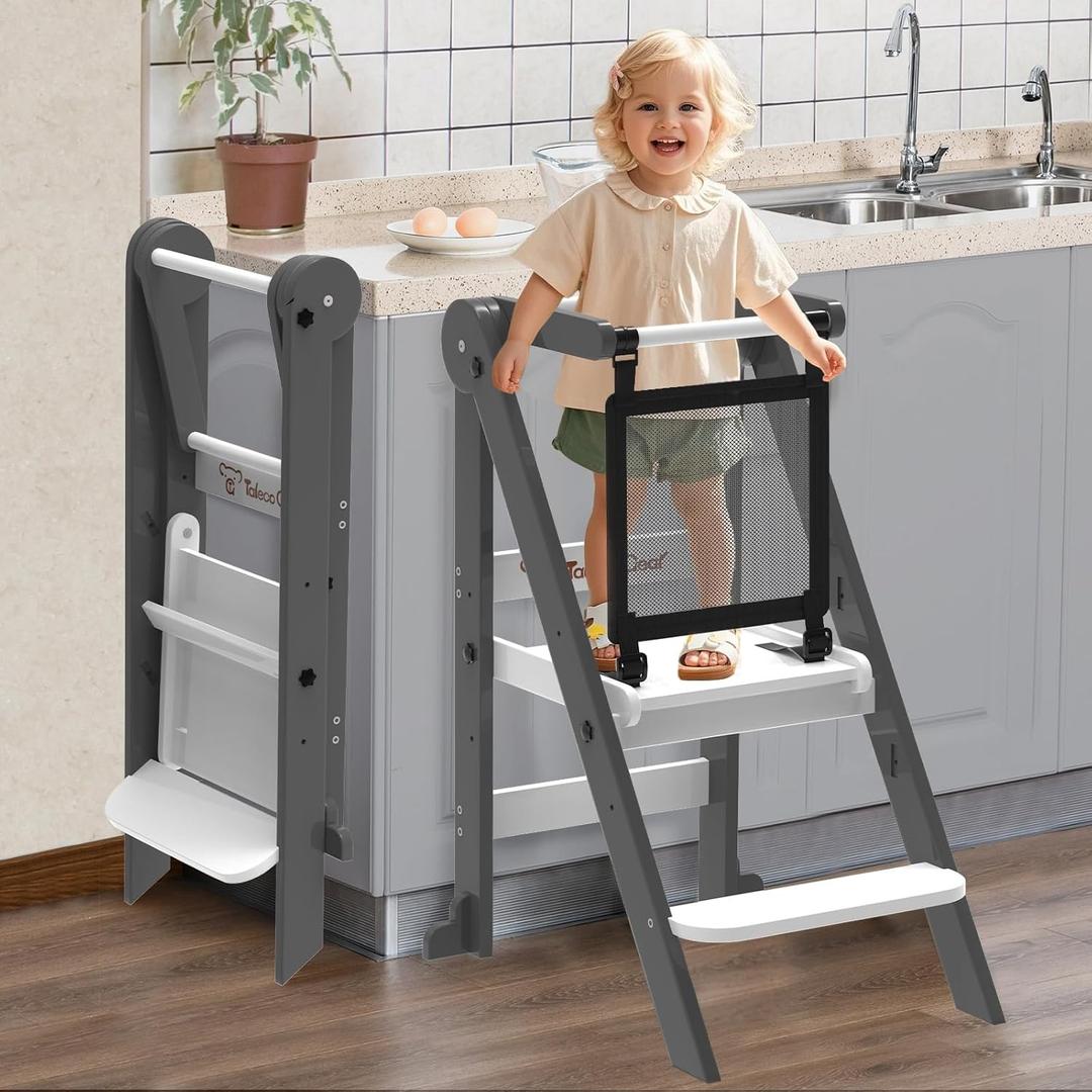 Foldable Toddler Tower, Toddler Kitchen Stool Helper with Safety Net, Wooden Kitchen Step Stool for Toddlers with Adjustable Height, Standing Tower for Learning and Cooking (Blue)