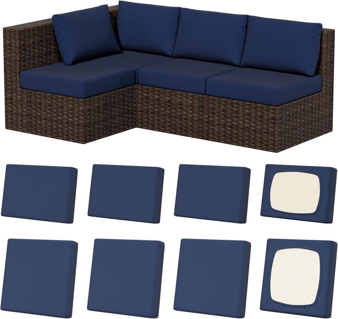 Set of 8 Stretch Patio Cushion Covers, Outdoor Couch & Sofa Replacement Slipcovers for Patio Furniture Cushion Covers, Washable Reusable Furniture Protector, Square Large + Rectangle, Navy-Blue