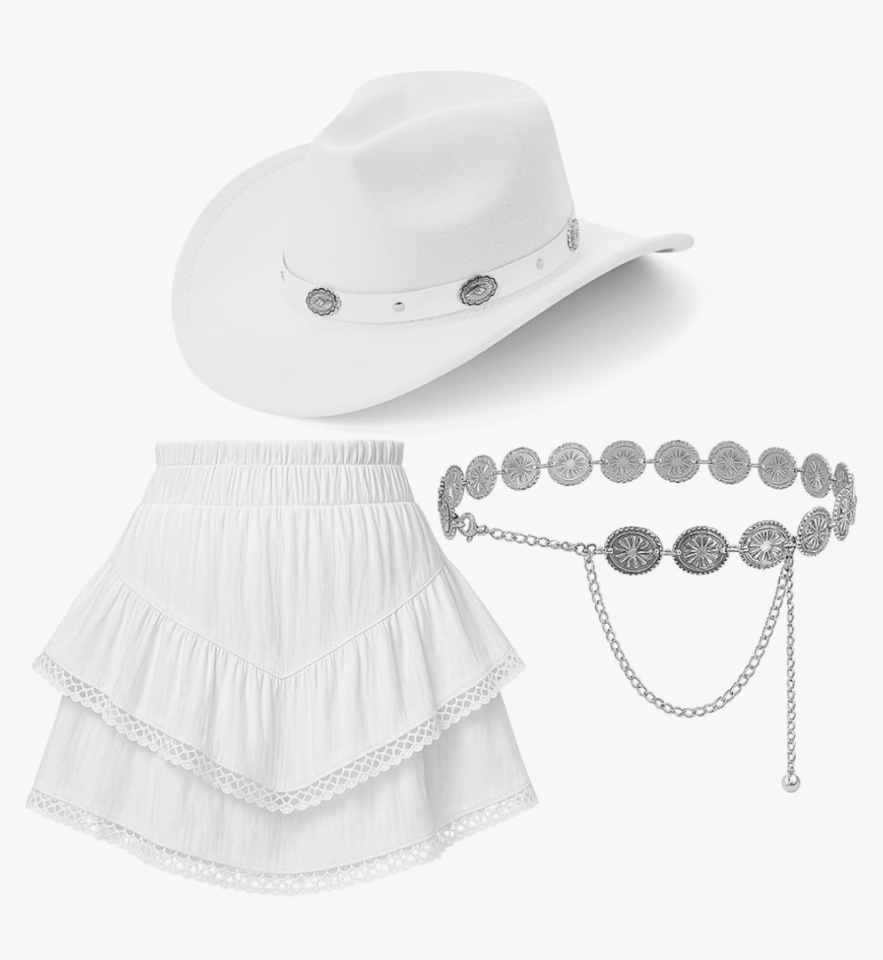 3 Pcs Western Cowgirl Outfits Cowboy Hat Boho Ruffle Skirt Concho Belt for Country Concert Mardi Gras Party M