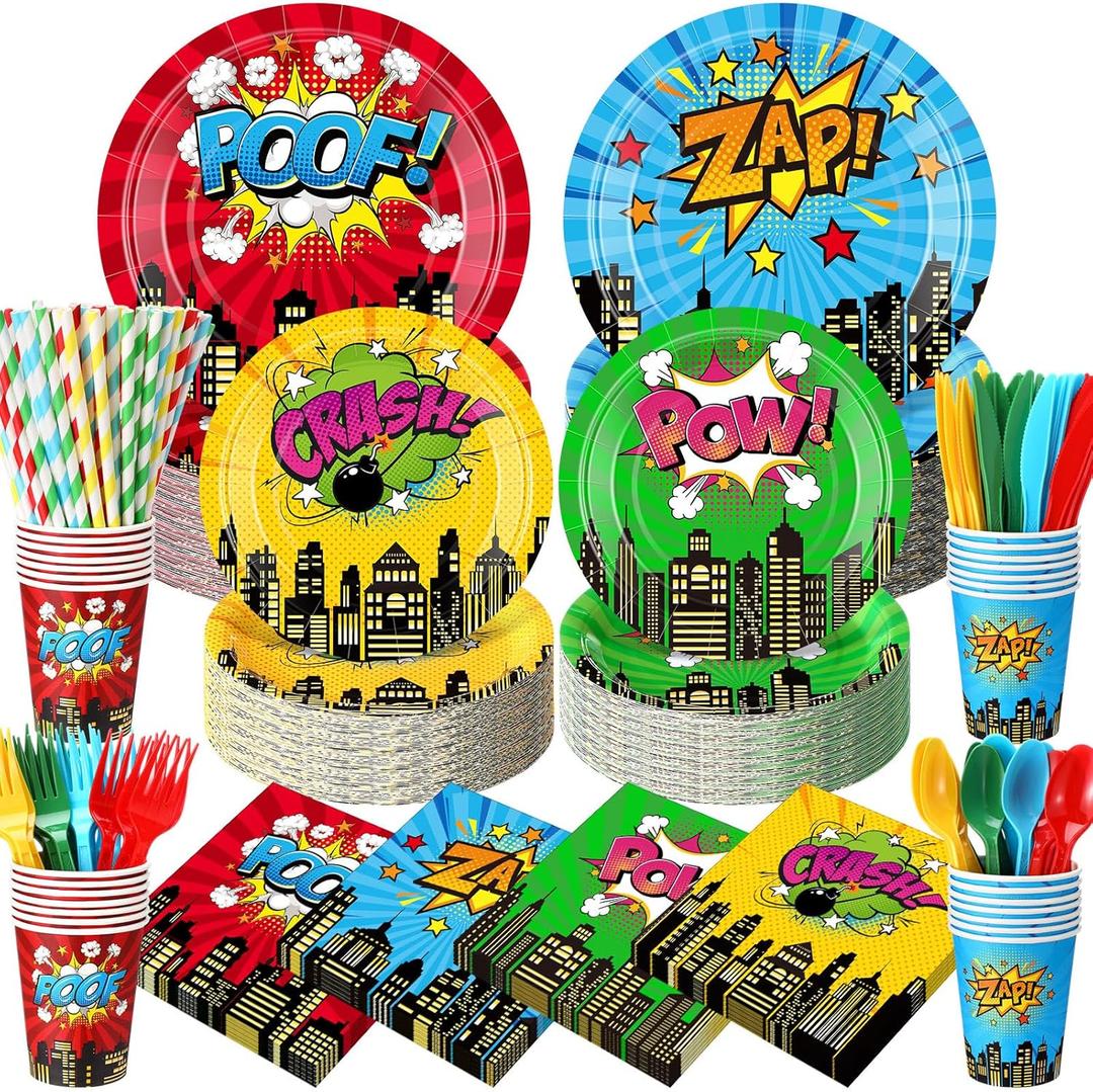 450 Pcs Hero Theme Tableware Set Decorations, Hero Action Themed Disposable Paper Plates Napkins Cups Cutlery Straws for Comic Birthday Baby Shower Party Supplies, Dinnerware Serves 50 (Colorful)