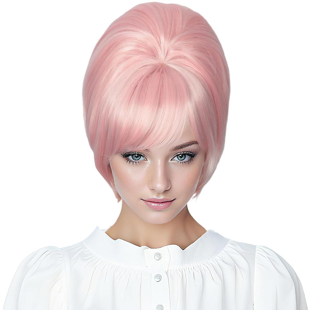Linfairy 1 Pc 1960s Short Beehive Wig Perfect for Halloween Party Cosplay Bauffant Wigs (Pink)