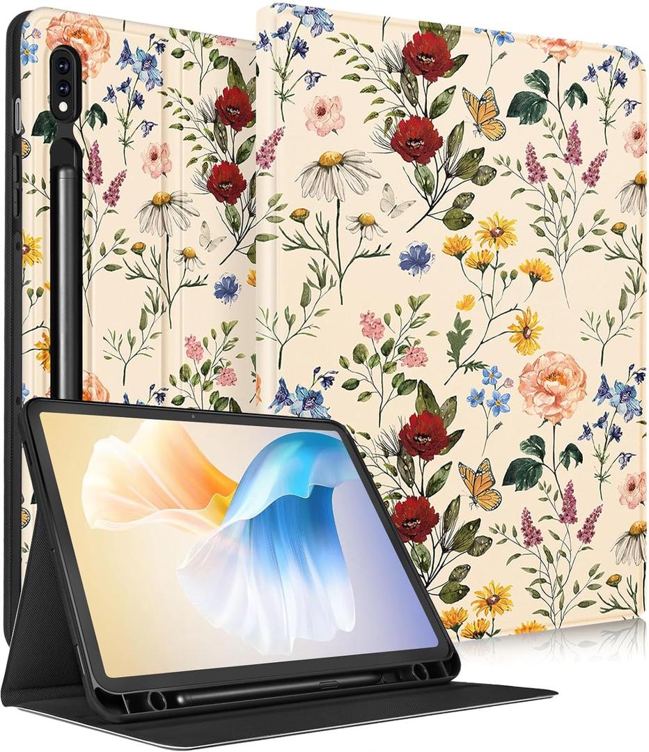 Wazzasoft for Samsung Galaxy Tab S8/Tab S7 Case 11 Inch Women Girls Cute Folio Cover with Pencil Holder Kawaii Design Girly Flower Floral Pretty Tablet Cases for Samsung Tab S7/Tab S8 Case 2022/2020 (3-Vintage Flower)