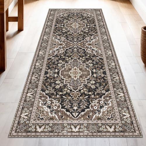Washable Runner Rug 2x8 | Non Slip Rug Runners for Hallways, Entryways, Kitchens, Bathrooms, Bedrooms | Ultra-Soft Flannel Carpet Runners with Rubber Backing (Black Brown, 2x8)