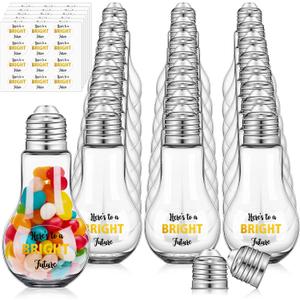 Weysat 144 Pcs/72 Sets Graduation Plastic Light Bulb Jars Set Light Bulb Candy Containers Bulk with Lids and Graduation Stickers Clear Candy Jars Fillable Light Bulb Ornaments for Crafts Grad Party (Silver)