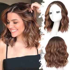 Brown Highlight Short Wavy Wig for Women Lace Hairline Bob Style Synthetic Heat Resistant - Natural Appearance for Everyday Hairstyle 14 Inch