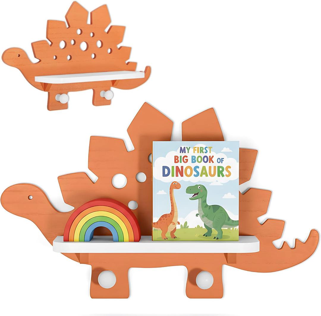 Dinosaur Wall Shelf for Kids, Stegosaurus Dino Shelf with Hooks for Toy Display, 3 Playful Designs, Nursery & Toddler Room Decor
