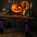 4 Pack Halloween Witch Legs Decor Witch Striped Table Leg Stocking Chair Leg Covers for Halloween Parties(Black,Purple)