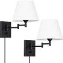 Pauwer Plug in Wall Sconce Set of 2 Swing Arm Wall Lamp with Plug in Cord and Fabric Shade Wall Light Fixtures for Hallway Bedroom Living Room (White Shade)