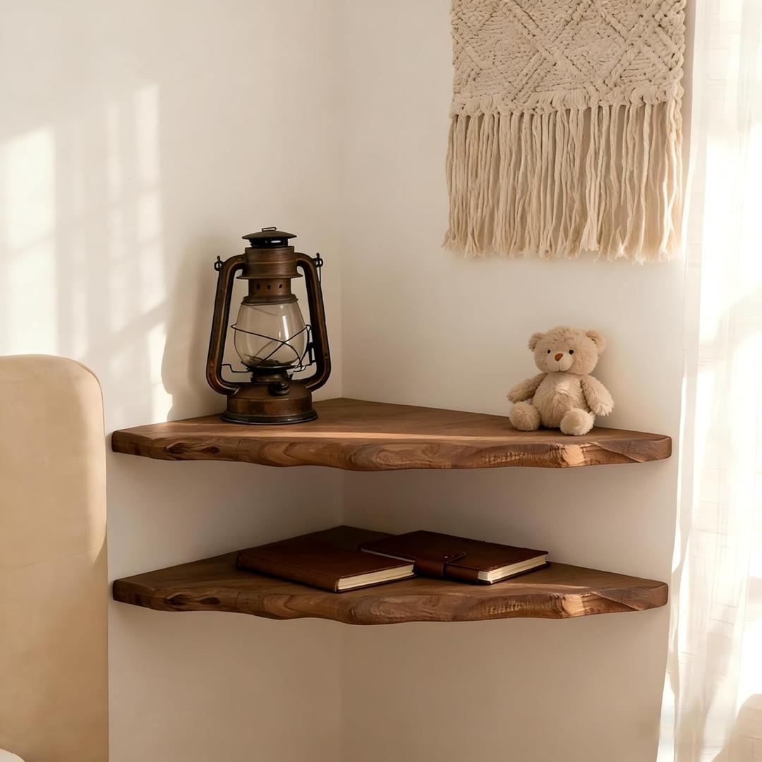 Reclaimed Camphor Wood Floating Corner Shelves Set of 2,10 x 10In Solid Wood, Unique Grain, Small Space Solution for Bedroom/Living Room/Study (Boho & Farmhouse Dcor)