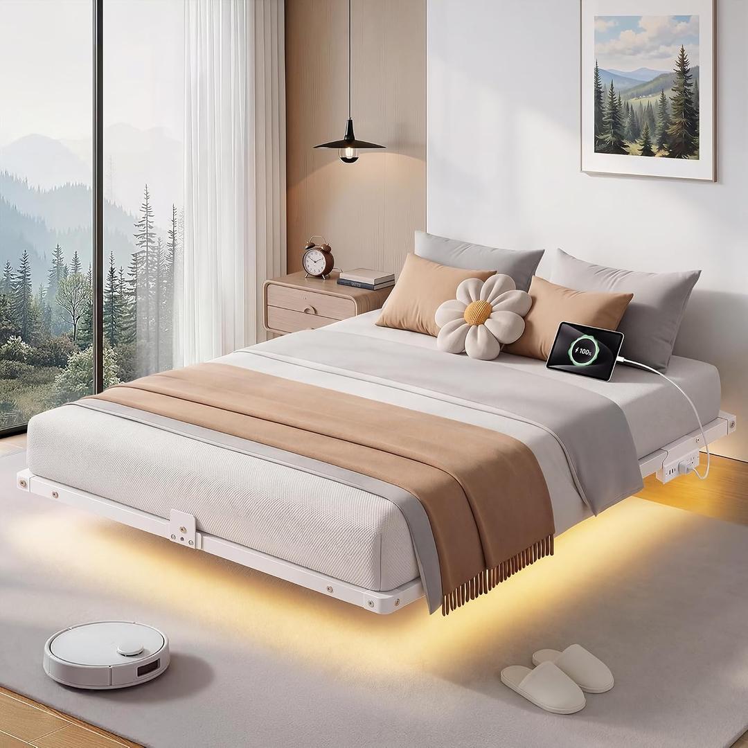 Floating Bed Frame King Size with 4-Side Underbed RGB LED Lights & Charging Station, Modern Metal Platform Bed No Box Spring Needed, 10in Comfort Height, 1000lbs Support for Bedroom