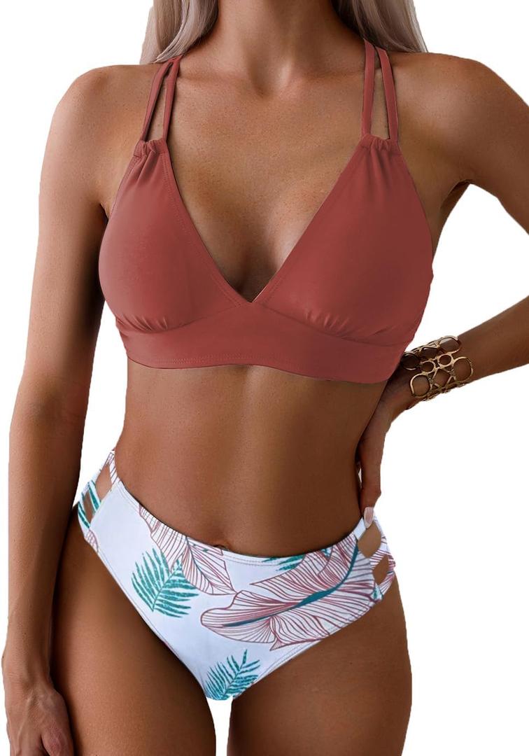 Tainehs Women's Push Up V Neck Bikini Sets Criss Cross Back Two Piece Bathing Suit (Medium, Brick Red Floral)