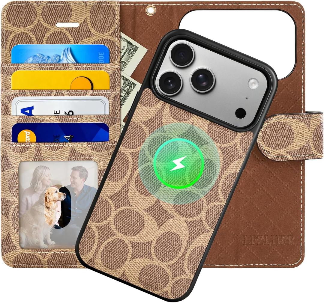 Magnetic Detachable Wallet Case for iPhone 17 Pro Max, Luxury PU Leather with Card Slots, Kickstand, Wrist Strap, MagSafe Compatible, 6.9-Inch, Khaki