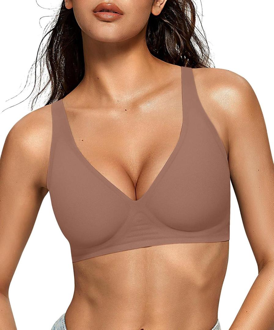 OEAK Womens Deep V Bras Wireless Comfortable Bra Supportive No Underwire Bras Tshirt Push Up Bralettes Plunge Seamless Bra Coffee S