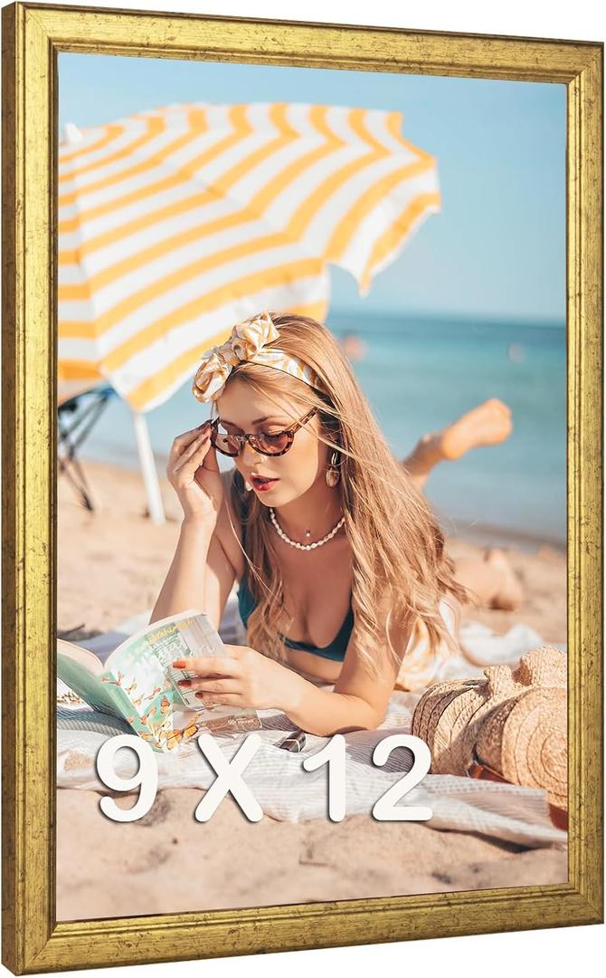 MOUDAMION Wood 9x12 Frame Gold, Ornate Natural 12x9in Poster Picture Frame, Modern Golden 9 x 12-inch Gallery Wall Photo Frame with HD Plexiglass, Horizontal Vertical Wall Mounting Display 1pcs
