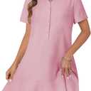 OPOIPIN Women's Collared V Neck Stripe Short Sleeve Button UP Ruffle Hem Shirt Tunic Mini Dress (Pink)