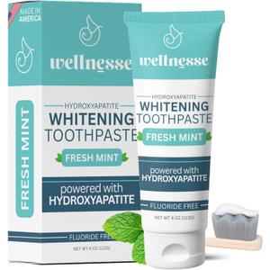 Wellnesse Whitening Hydroxyapatite Toothpaste with Xylitol, Natural Fluoride-Free Teeth Whitening Toothpaste for Adults, Strengthens Enamel, Supports Gum Health, Fresh Mint Flavor, 4 oz (Pack of 1)