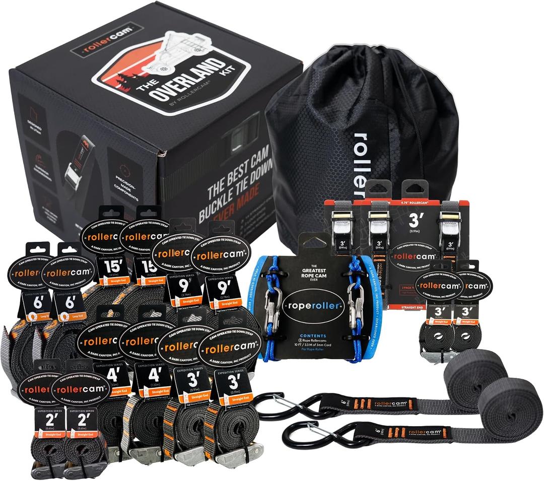 Rollercam Overland Kit: Ultimate Ratchet Strap Collection for Outdoor Adventure: Contains 20 Pieces of Straps & Patented Rope Roller for Your Needs.