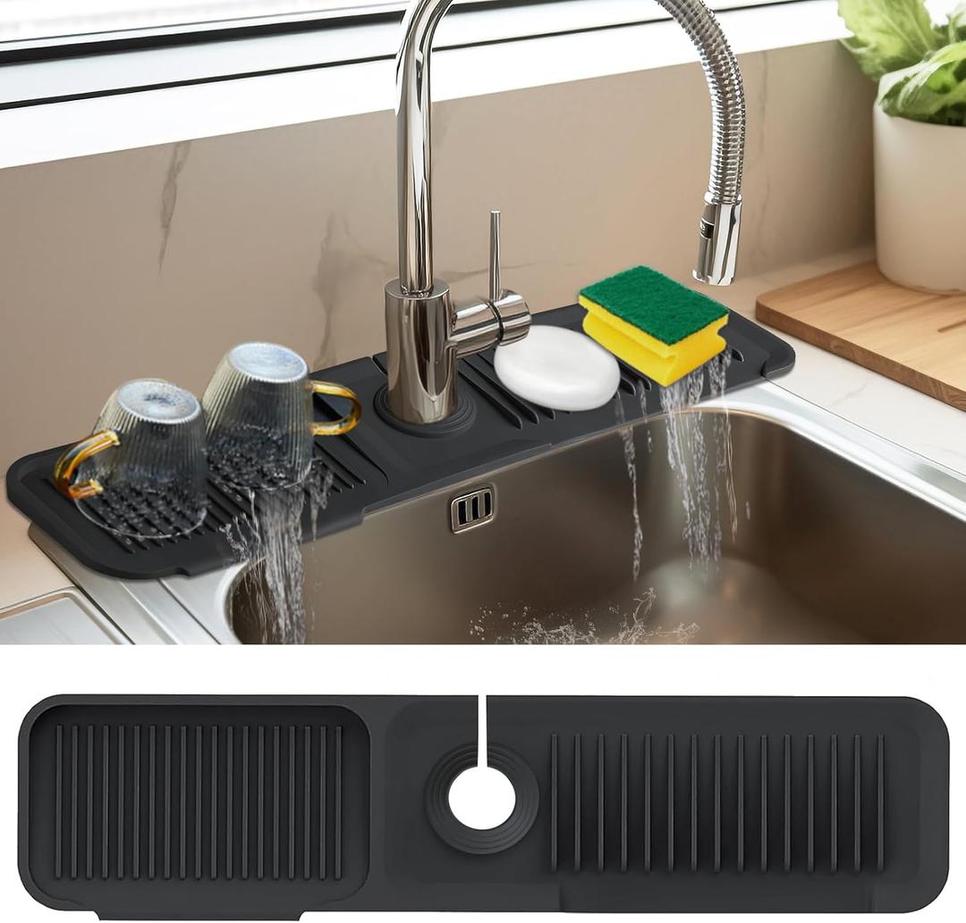 24 Inch Kitchen Sink Splash Guard5Slope Fast Draining Silicone Mat for Kitchen Sink Faucet Mat, Upgraded Sink Tidy Splash Guard for Bathroom Faucet Draining Mat (Black)