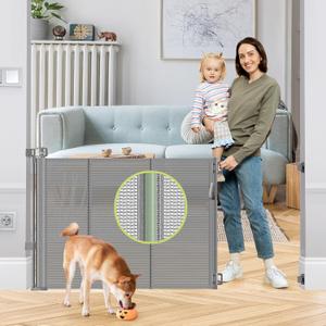Reinforced 55" Wide Retractable Dog Gate with Support Rods, 33" Tall Retractable Baby Gate for Dogs, No Sag and Wrinkle Mesh Child Gates for Doorways, Indoor Pet Barrier Stair Gates for Kids, Gray