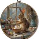 FUGWN Vintage Easter Bunny Egg Kitchen Round Wall Art Decor Framed, Rustic Farmhouse Bunny Canvas Artwork Prints, Easter Rabbit Wall Hanging Decorations for Kitchen Dining Room Home, 10x10 Inch
