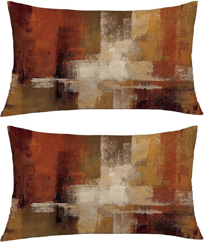 HWY 50 Burnt Orange Chenille Throw Pillow Covers 12x20 Inch with Triple Buttons, Soft Fall Farmhouse Accent Decorative Cushion Cases for Couch Sofa Bed Living Room Pack of 2 Rectangle