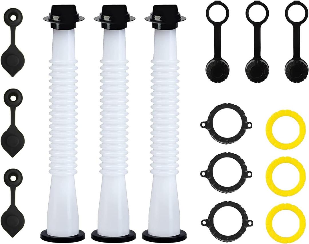 KP KOOL PRODUCTS Universal Gas Can Spout Replacement, Gas Can Nozzle with Gasket, Stopper, Collar Caps (Black and Yellow) & gas can vent caps, Pack of 3