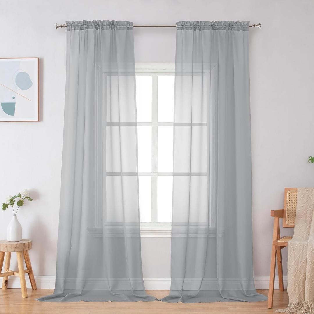 Simplebrand Light Grey Sheer Curtains 96 Inches Long, Light Filtering Silver Grey Rod Pocket Solid Color Window Sheer Curtain Panels, Elegant Curtains & Drapes for Living Room, Bedroom 2 Panels, 42" W