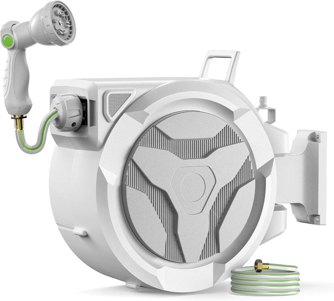 100ft Retractable Garden Hose Reel 1/2" with 10-Function Nozzle | Heavy Duty Water Hose, Slow Rewind & Any-Length Lock, 180° Swivel Wall Mount for Yard, Car Wash & Pet Shower, White