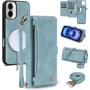 Wallet Case for iPhone 16 with Card Holder/Crossbody Wallet/Strap| RFID Blocking | Magnetic | Kickstand | Detachable | PU Leather Phone Case for iPhone 16,6.1 in,Blue
